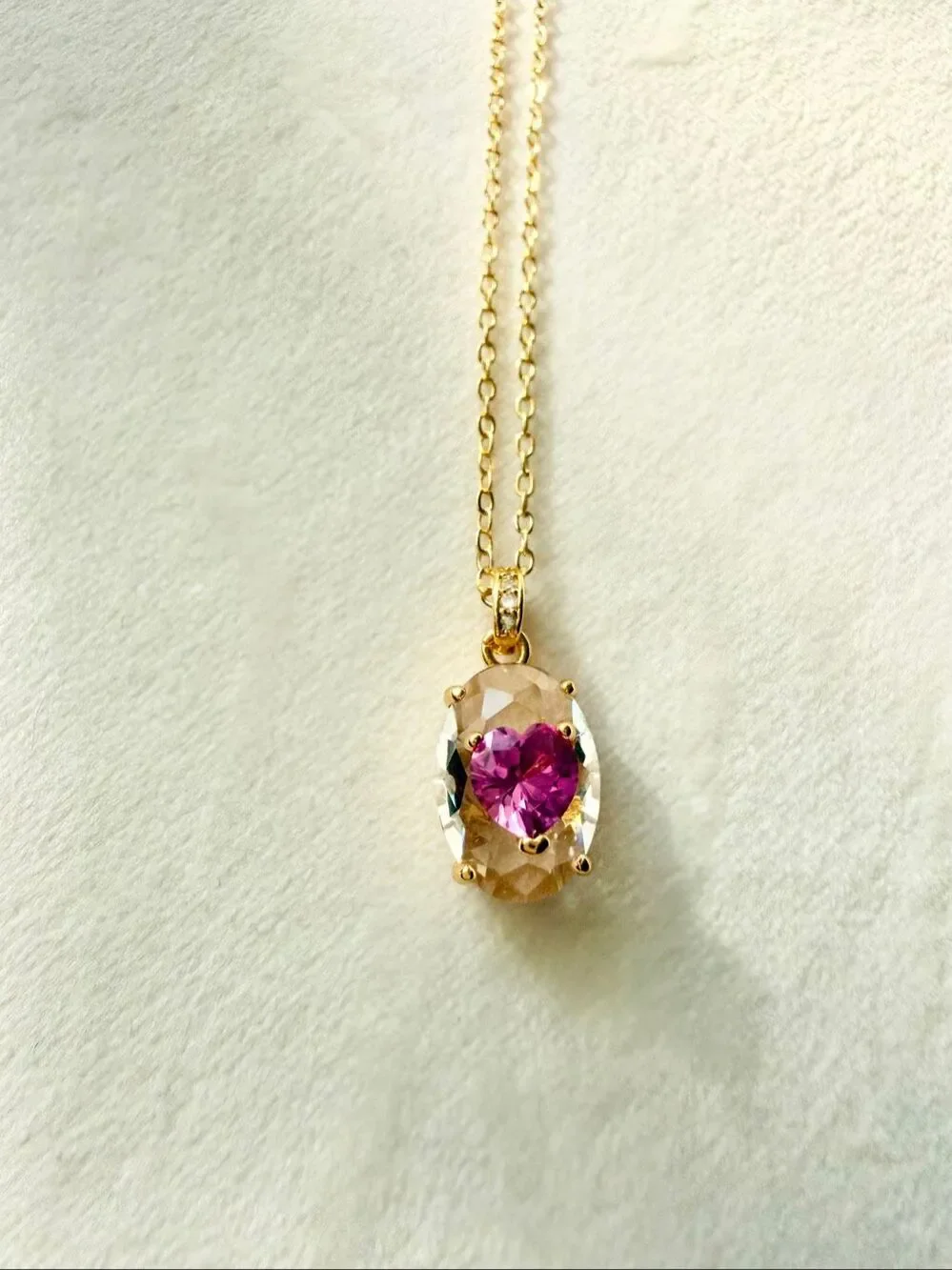 Hot Pink & Clear Cubic Zirconia Oval Pendant Necklace Gold Tone